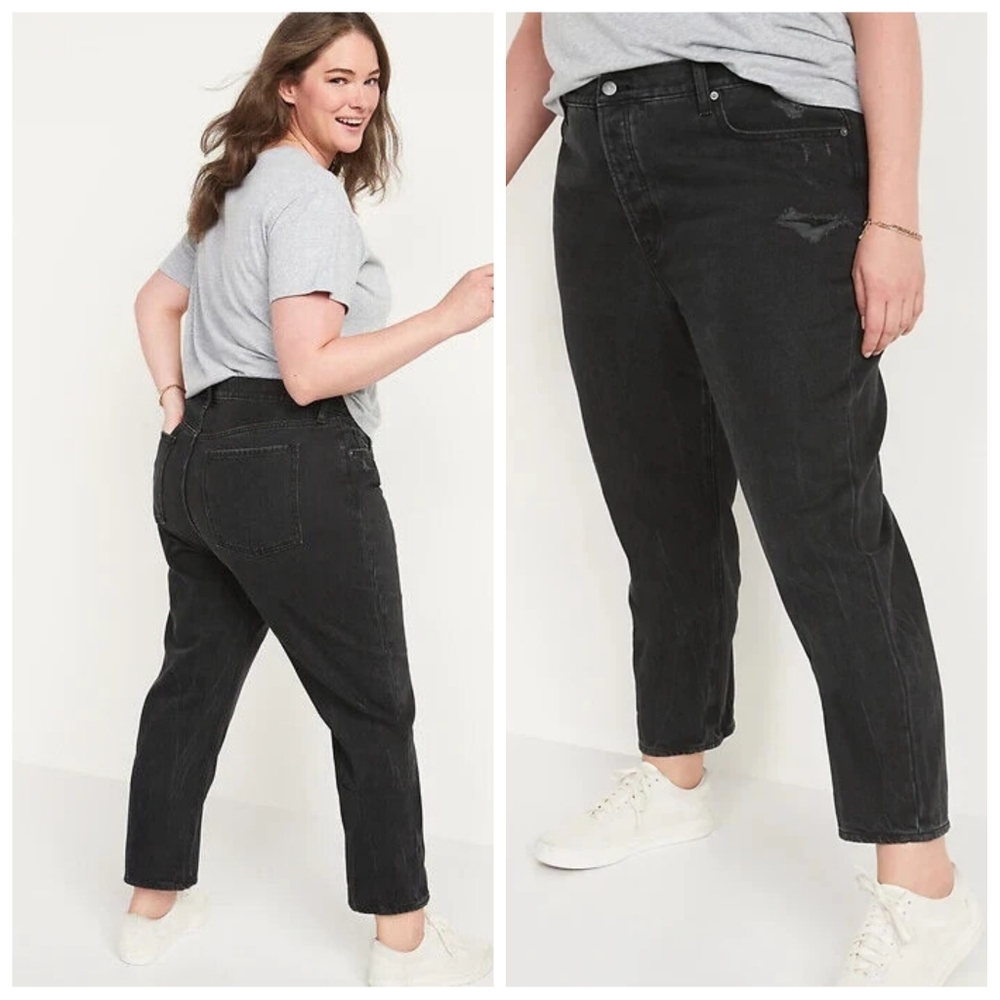 Old Navy High-Waisted Slouchy Straight Cropped Distressed Jeans | Size 12 | Blac